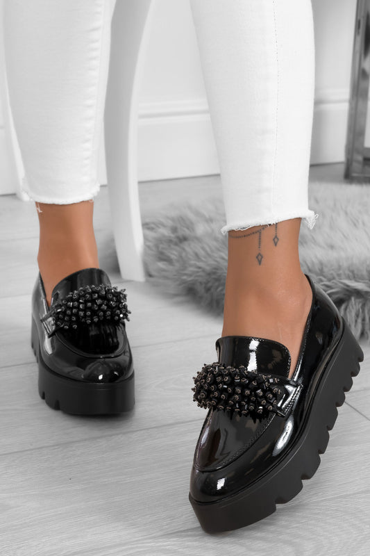 MIRIAM - Black patent leather loafers with rhinestones