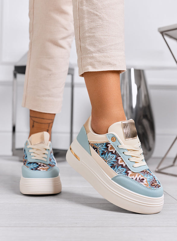 PRAGA - Blue platform sneakers with patterned fabric inserts