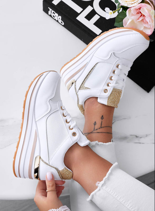 THEA - White sneakers with wedge and gold trim