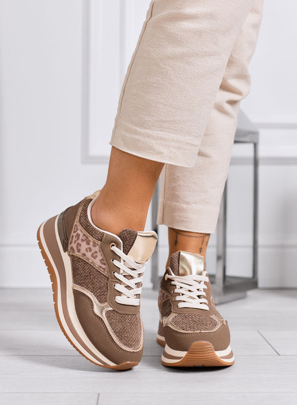 ATHENS - Brown sneakers with animal print details and thick sole