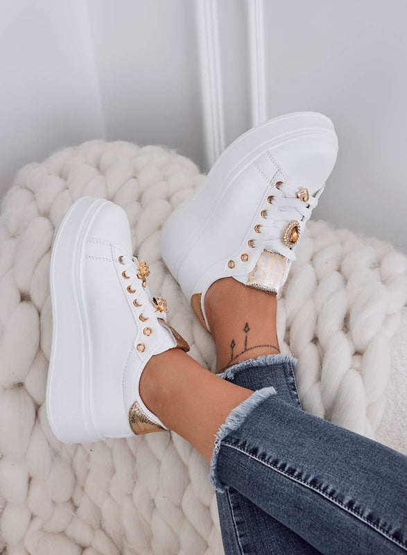 LIANA - White and gold sneakers with thick sole and jeweled ladybugs