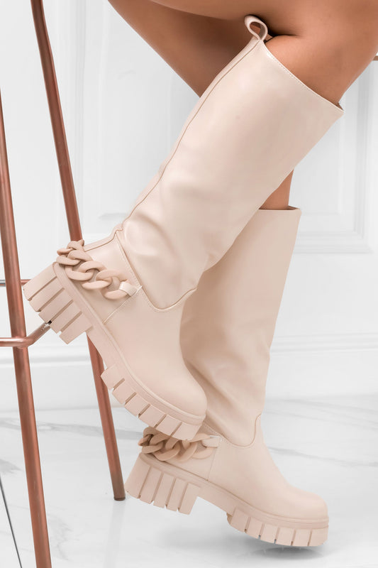 TARA - Beige faux leather boots with chain