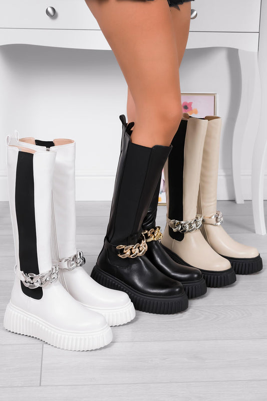 LARA - Alexoo white boots with side elastic and removable chain