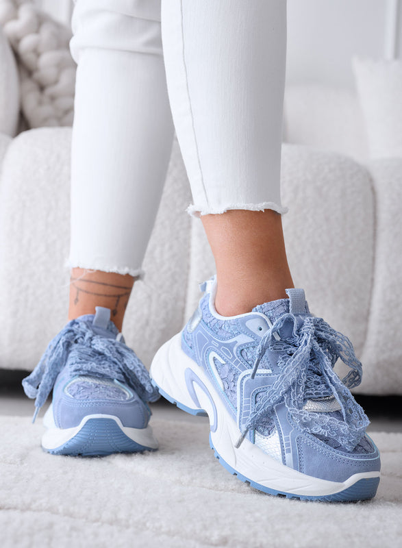 LINA - Baskets bleues avec lacets en dentelle et semelle épaisse