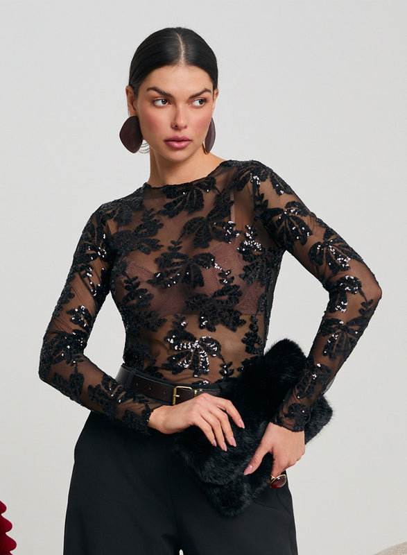 Black sheer bodysuit with sequin details