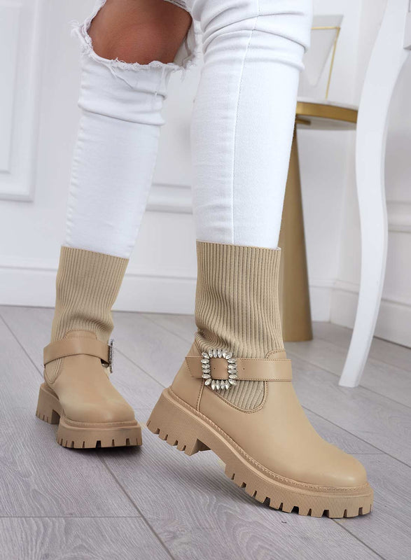 MINERVA - Beige fabric ankle boots with jewel buckle