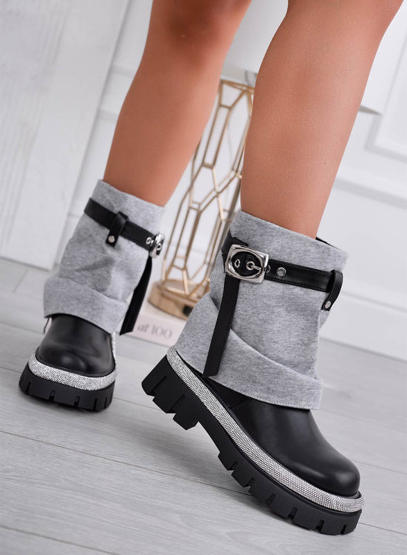 SALLY - Bottines noires avec revers gris et bordure en strass