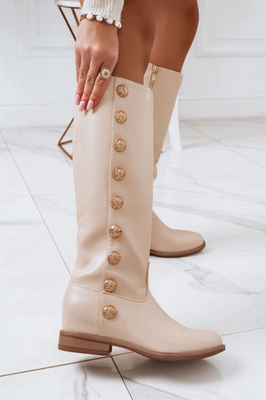 VALDA - Beige boots with golden buttons and inner wedge