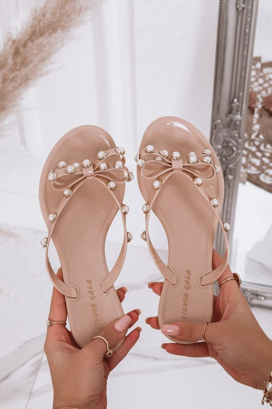 LISBONA - Beige rubber flip flop with bow and pearls