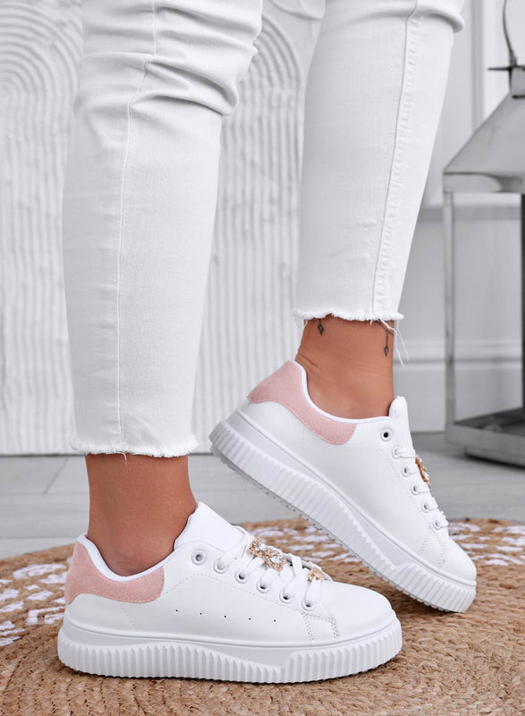 BEVERLY - White sneakers with jewel bear and pink back