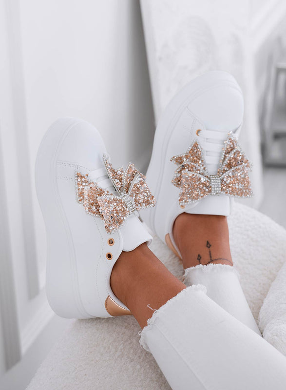 CRYSTAL - White wedge sneakers with rose gold jewel bow