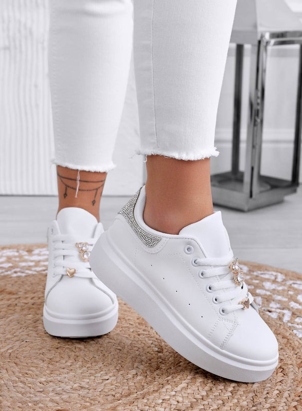 LAURA - White sneakers with jewel application and silver rhinestone back