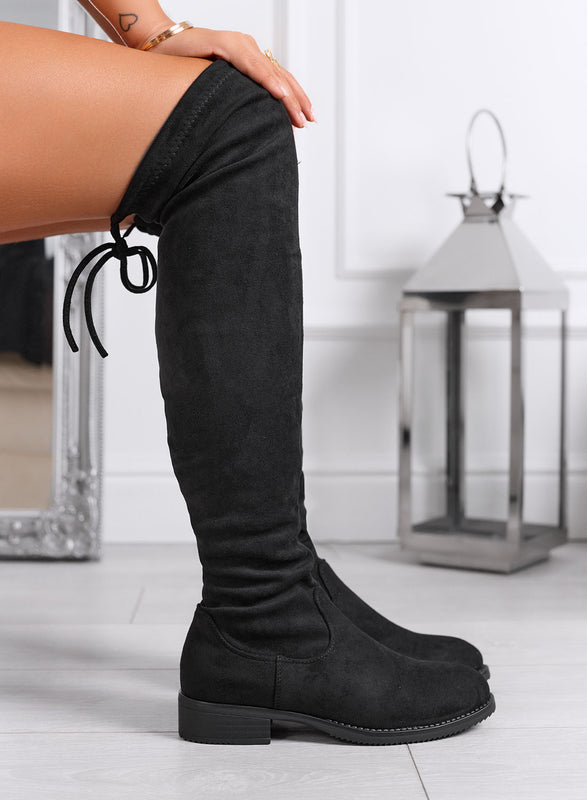 SENIA - Black suede over-the-knee boots with lace