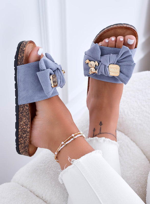 MARINA - Blue flip-flop sandals with bow and gold teddy