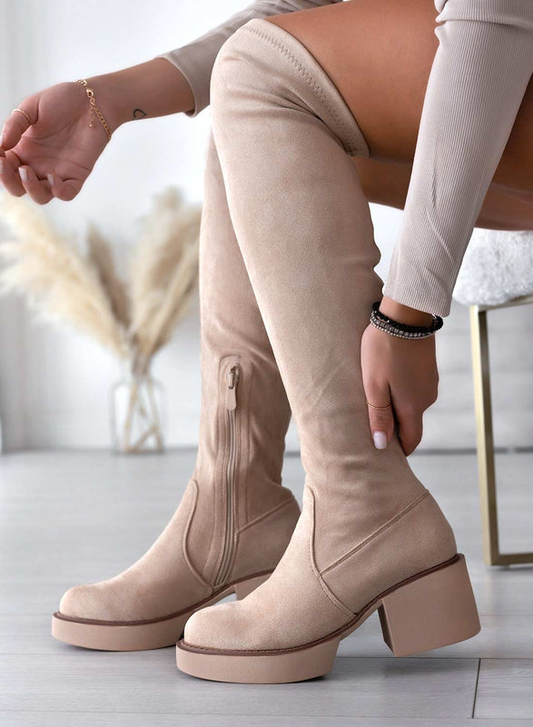 SLOANE - Alexoo beige suede over-the-knee boots