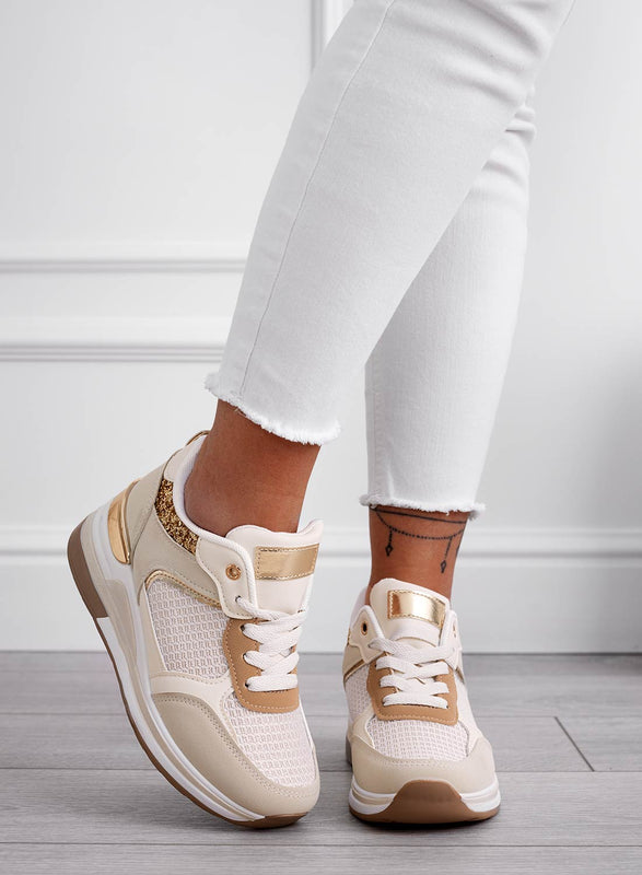 RIVET - Beige sneakers with gold glitter inserts