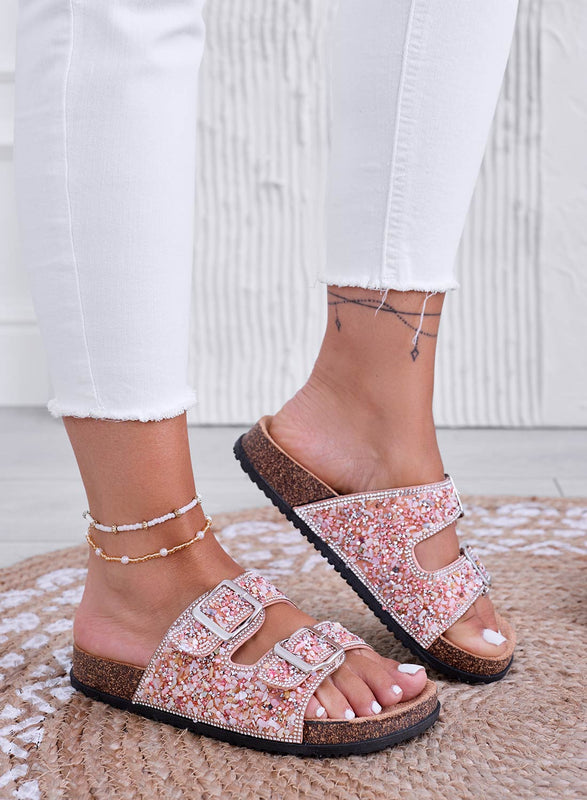 BROOKE - Pink jeweled sandals with buckles and rhinestones