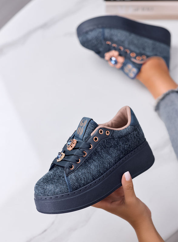 NINFA - Blue platform sneakers in laminated fabric with jewel embellishment