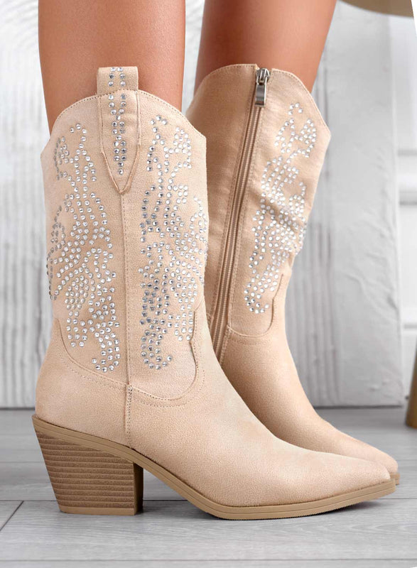 NANCY - Beige campero ankle boots with rhinestones