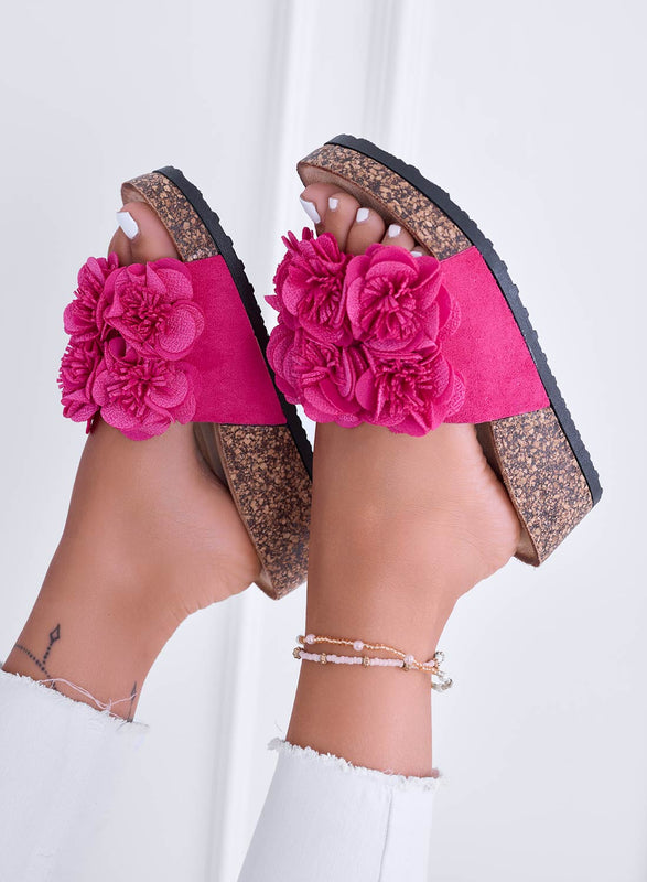 GLASS - Fuchsia Cork Wedge Sandals with Flowers