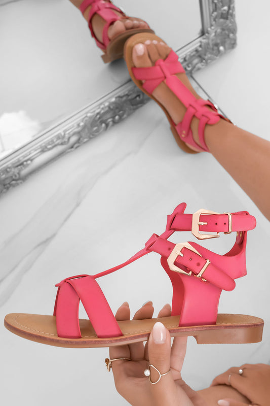 SIBILLA - Fuchsia flat strappy sandals with golden buckles