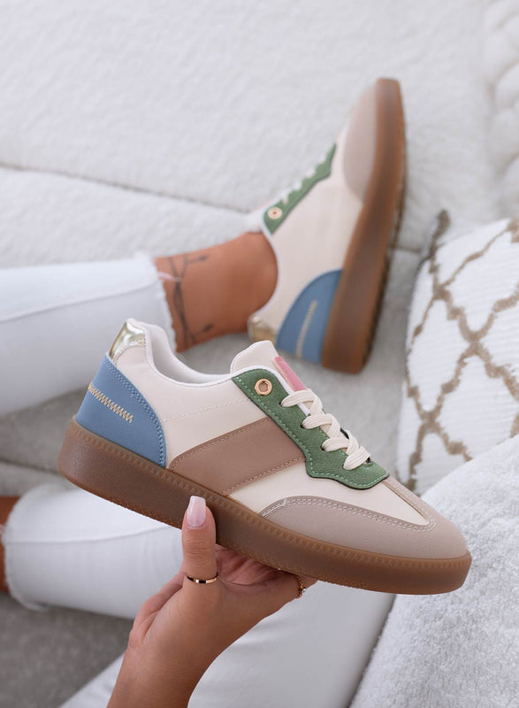 NADINE - Beige sneakers with contrasting panels and rubber sole