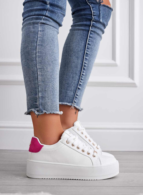 CARRY - Alexoo White Sneakers with gold trim and fuchsia back