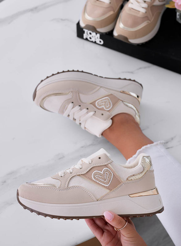 BEATRICE - Beige sneakers with gold glitter heart