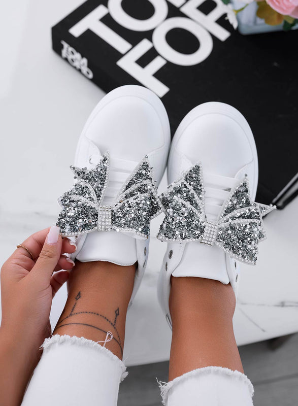 CRYSTAL - White sneakers with wedge and silver jewel bow