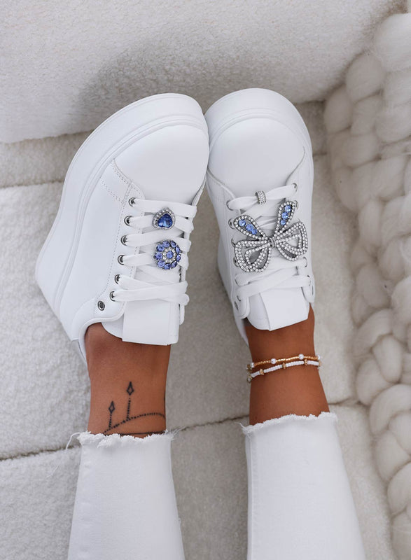 PAOLA - White sneakers with silver jewel bow