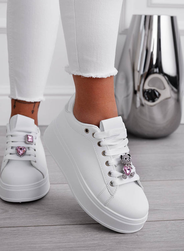 RORY - White sneakers with silver back and pink jewel bear