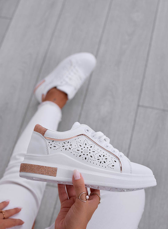 ALBA - White perforated sneakers with rose gold glitter