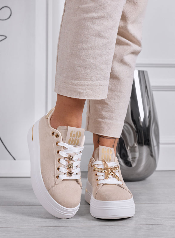 PAMELA - Beige Platform Sneakers with Jewel Star Details