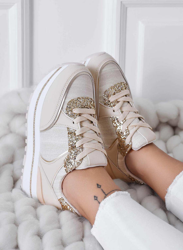 SILVANA - Beige sneakers with gold glitter inserts