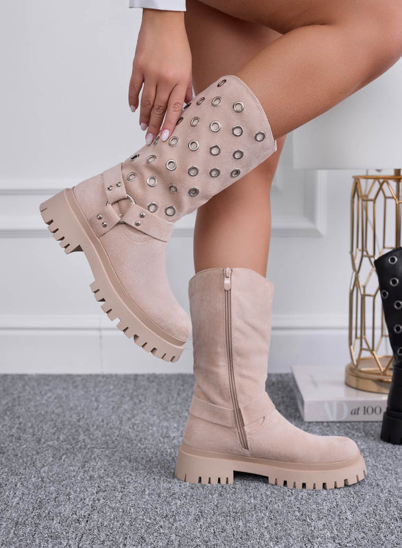 ORNELLA - Beige Alexoo biker ankle boots with eyelets