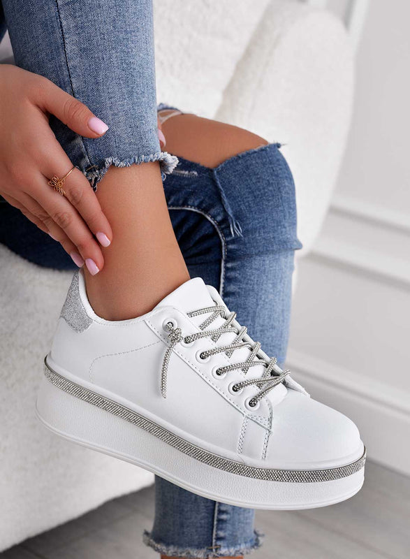 FRANKIE - White sneakers with silver jewel laces