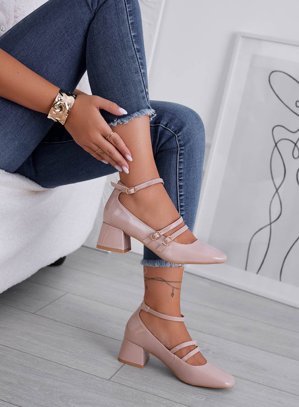 BETH - Escarpins Mary Jane nude à lacets en vernis