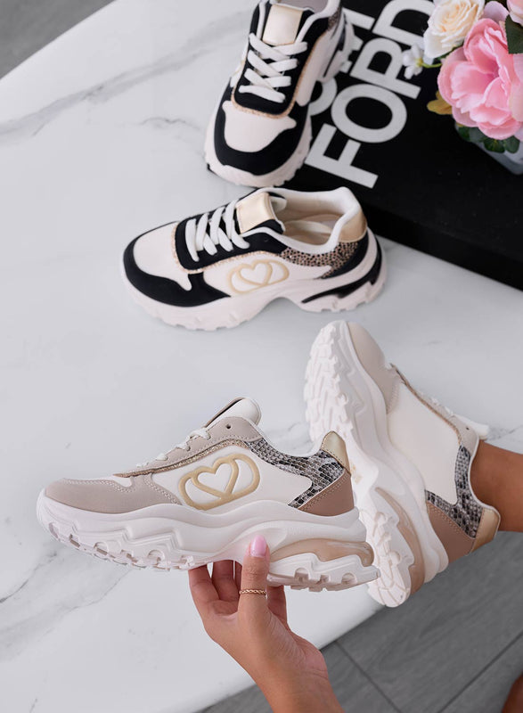 BORA - Beige sneakers with heart and gold inserts