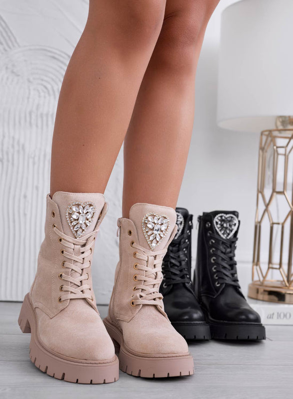 BRIGITTE - Beige ankle boots with jeweled heart