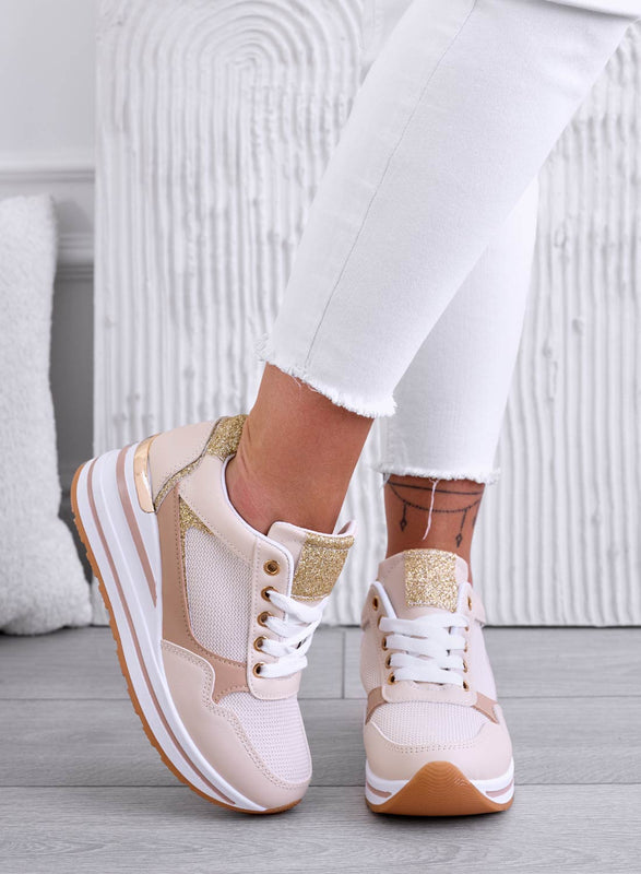 THEA - Beige sneakers with wedge and gold trim