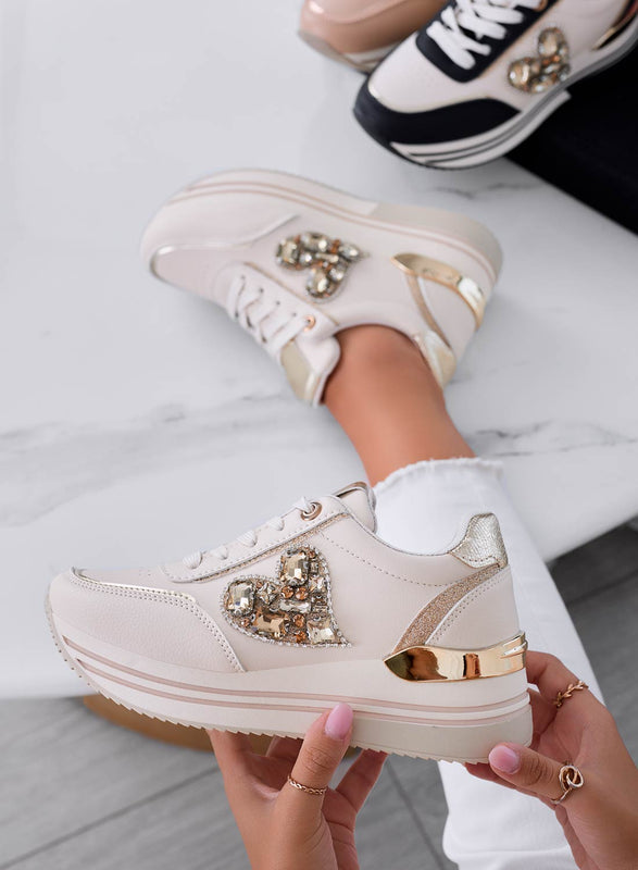 ABBY - Beige sneakers with heart jewel and wedge