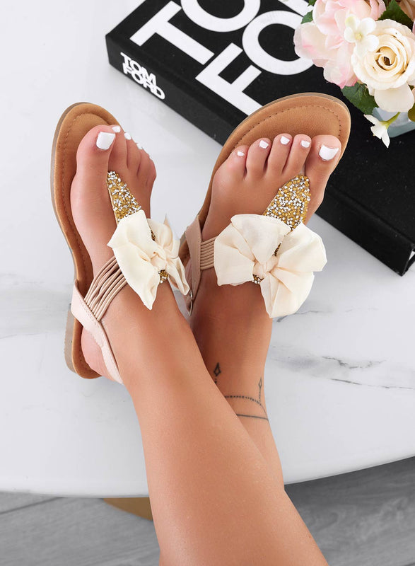 ZOEE - Beige flat flip-flop sandals with bow and rhinestones