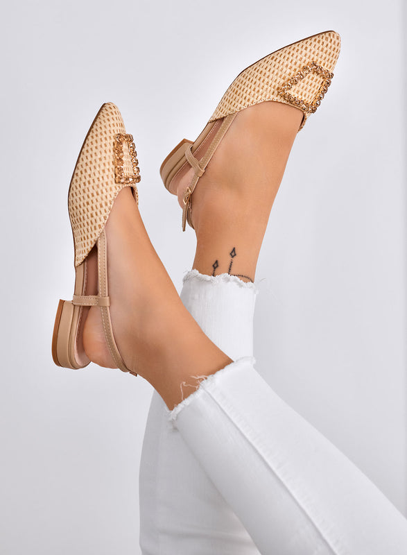 JONES - Beige slingback ballet flats with V-shaped toe and jeweled buckle