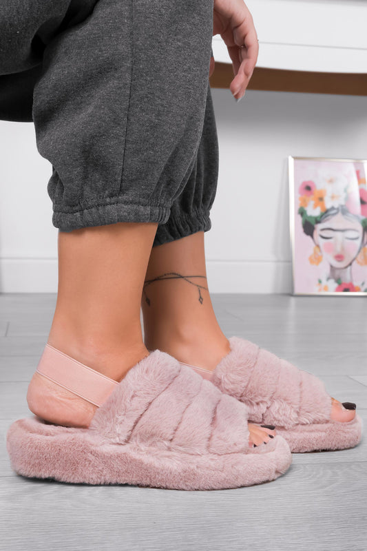 KEIRA - Pink faux fur slippers with elastic