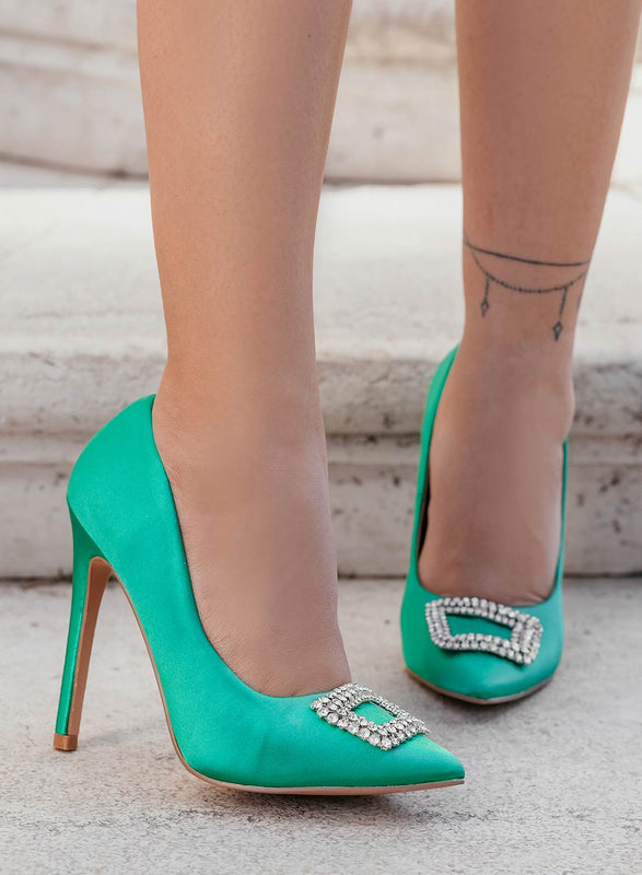 JANET - Alexoo green satin pumps with jewel application