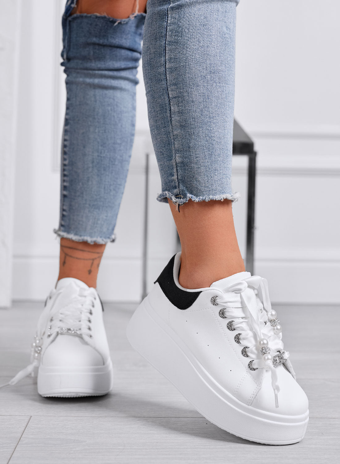 CARTER - White Platform Sneakers with Black Heel, Satin Laces, and Pearls
