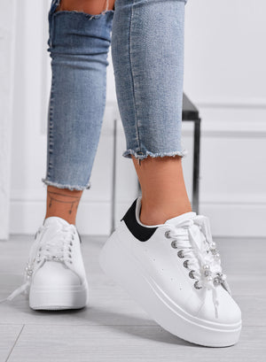 CARTER - White Platform Sneakers with Black Heel, Satin Laces, and Pearls