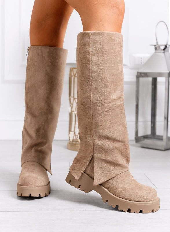 DOLLY - Botas de ante color barro hasta la rodilla con suela gruesa