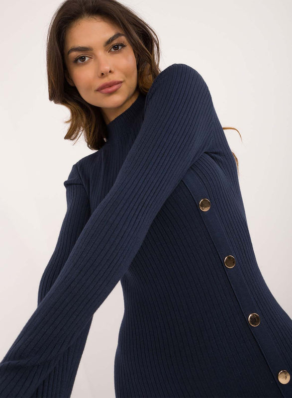 Blue ribbed dress with gold buttons