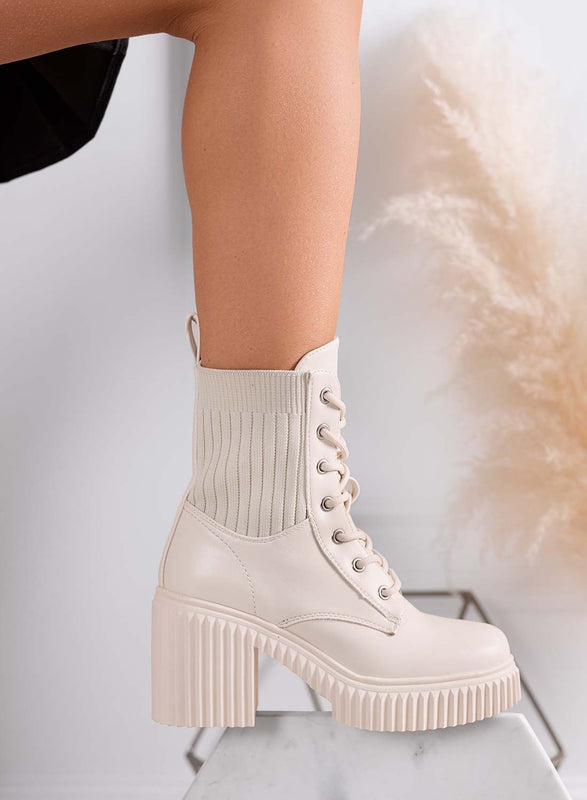 FIORENZA - Beige ankle boots with fabric inserts and comfortable heel